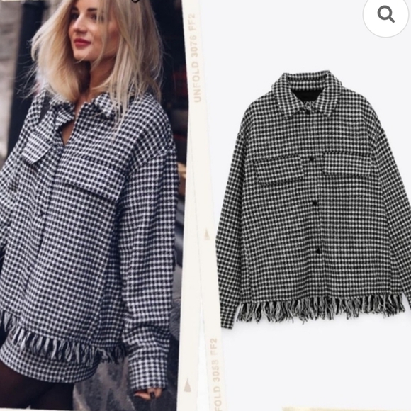 EUC Zara Black-White Houndstooth Shacket, Fringe Detail. Heavyweight - Picture 1 of 13